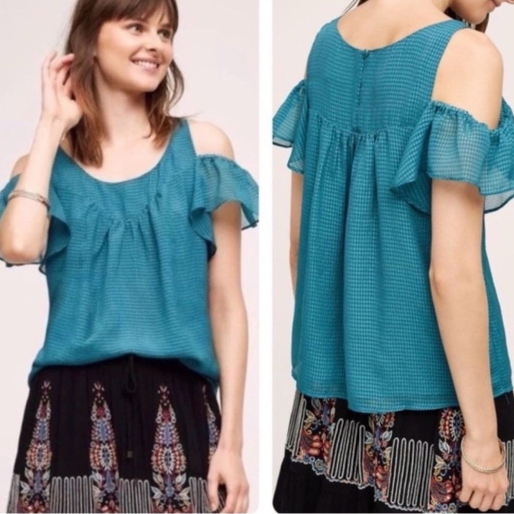 Anthropologie Maeve Tavin Open Cold Shoulder Blouse Teal Size 6